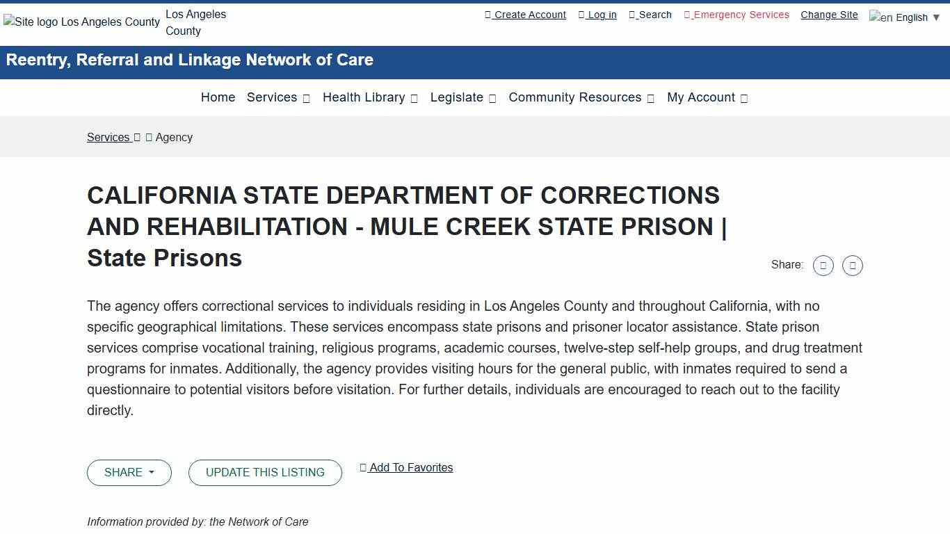 CALIFORNIA STATE DEPARTMENT OF CORRECTIONS AND REHABILITATION - MULE CREEK STATE PRISON | State Prisons - Network of Care Service Directory